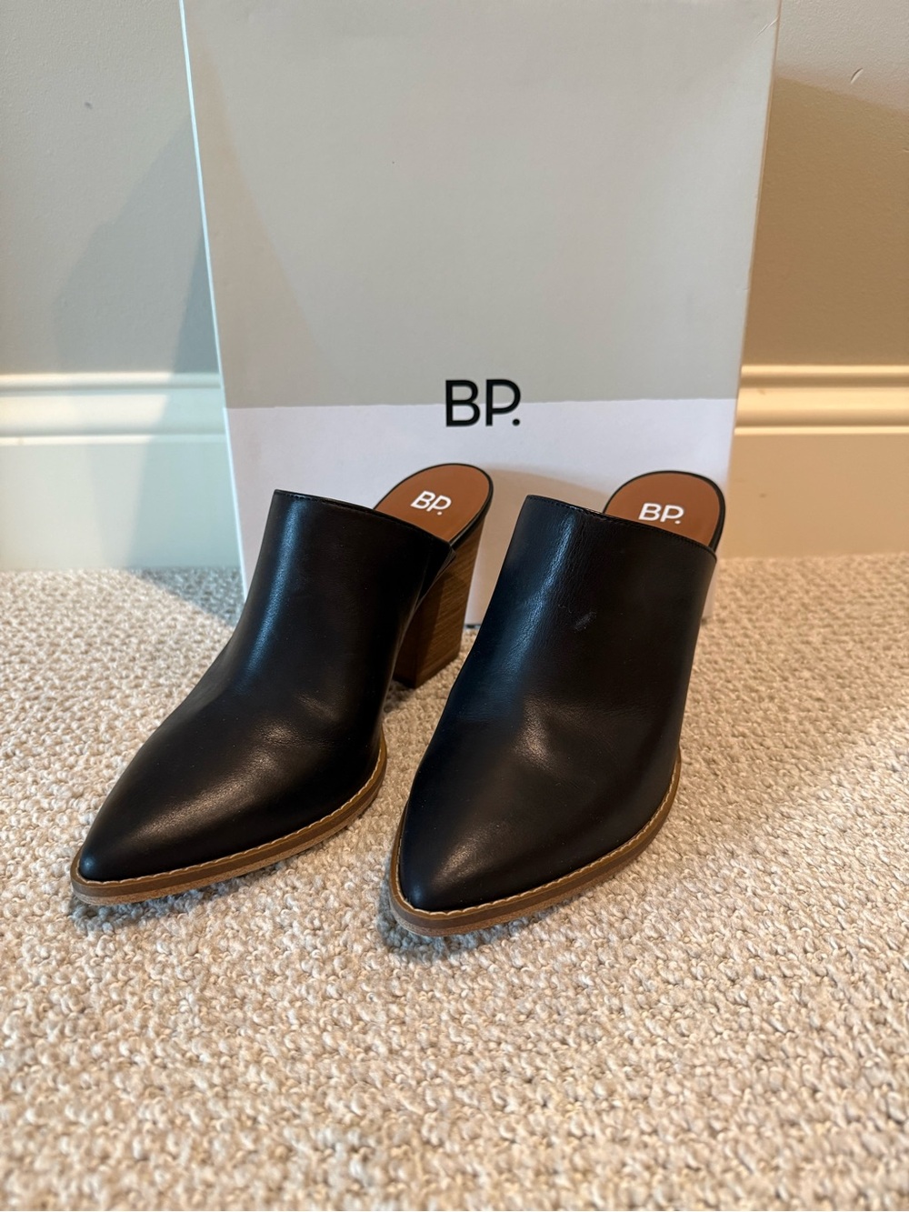 bp Black Pointed-Toe Leather Mules with Stacked Heel